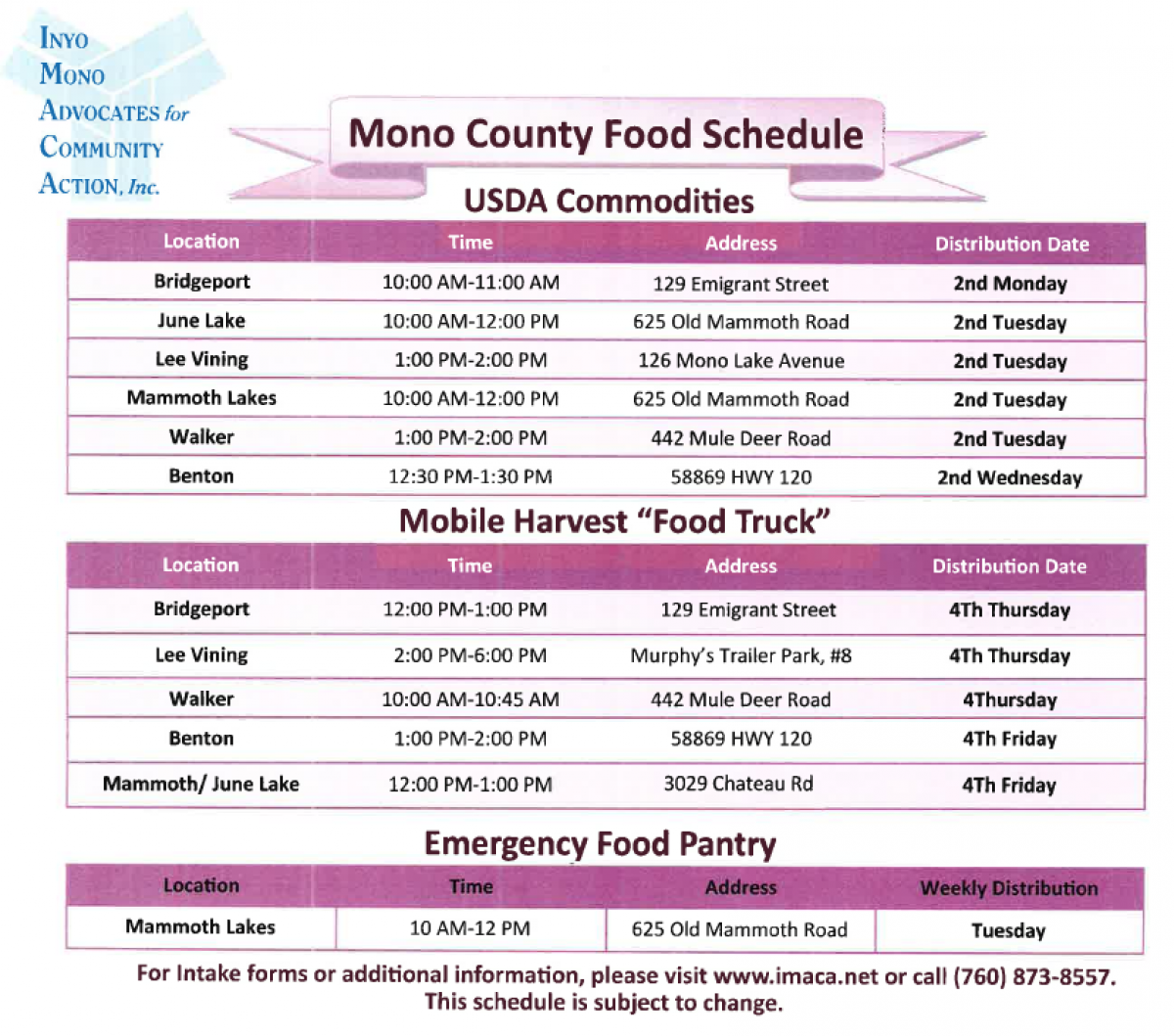 IMACA Food Distribution Calendar